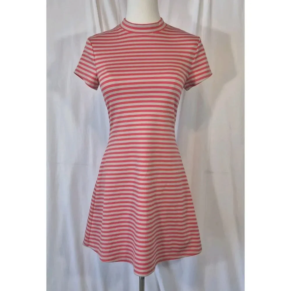 Free People Beach On The Line Mock Neck Pink Gray Striped Mini Dress XS